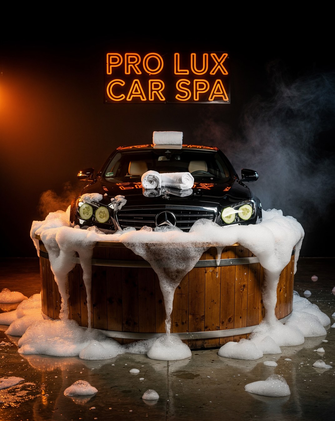 Mașină neagră într-o cadă plină de spumă, cu felii de castravete pe faruri, sub firma de neon Pro Lux Car Spa